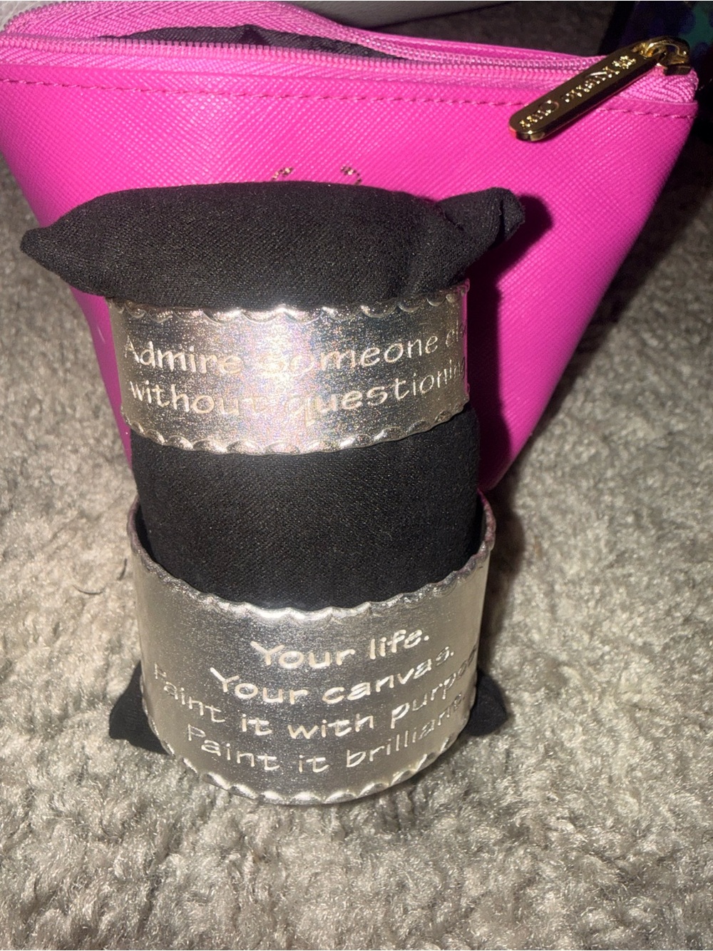Silver Inspirational Cuff Bracelet Set with Pink Pouch